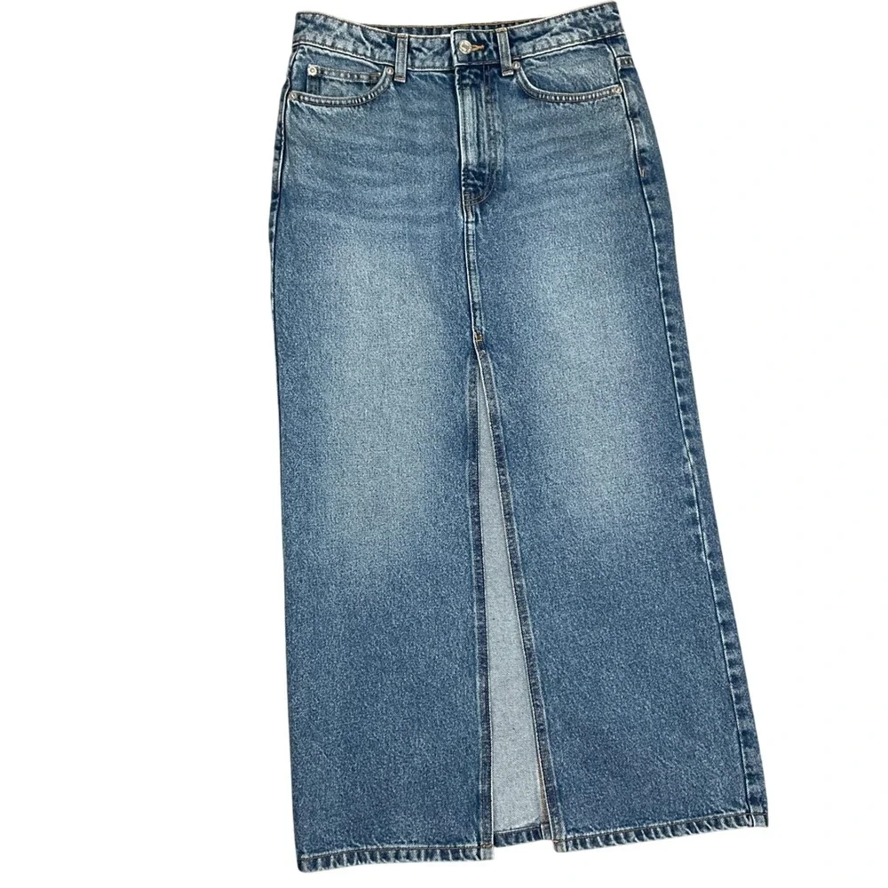 MNG Mango Skirt Women Small Blue High Rise Slit Maxi Denim Streetwear Modest Y2K
